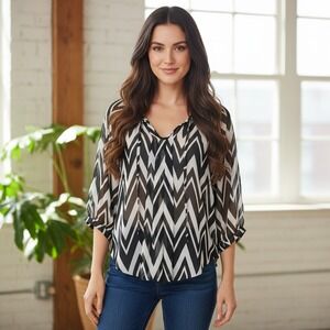 NEW Bongo S Black White Sheer Chevron Peasant Boho Top Mod Retro Indie Flowy